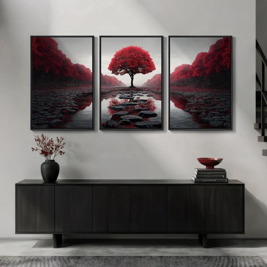 Large Framed Burgundy Tree Landscape Wall Art, 24x36 Inch