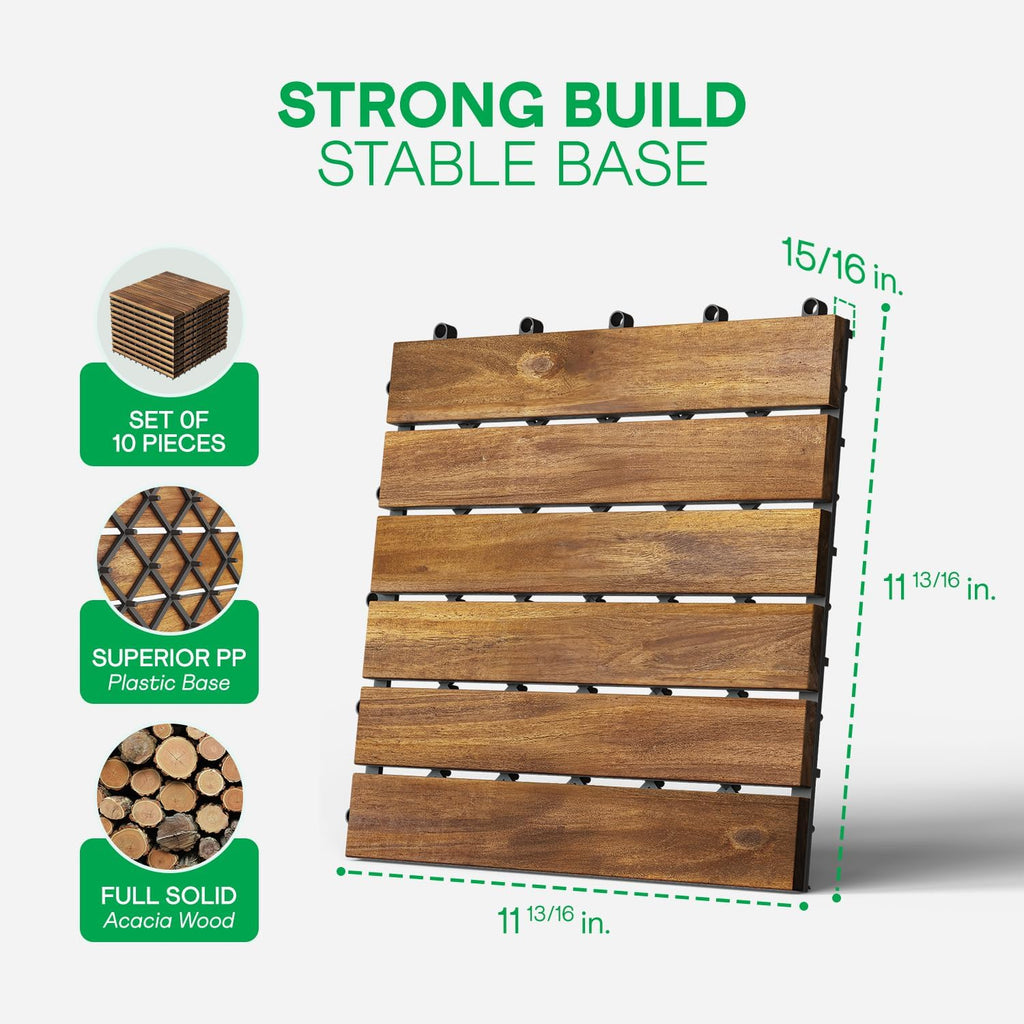 Interlocking Deck Tiles 9.6 SQFT - 10PCS Waterproof Acacia Wood Patio Tiles, Flooring Tiles for Indoor and Outdoor