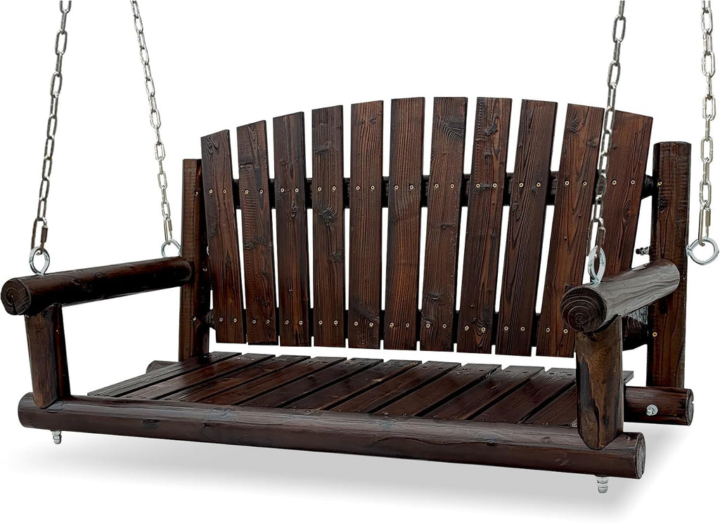 3.5 FT Rustic Log Wooden Porch Swing, Heavy-Duty 900 LBS, Outdoor Hanging Bench , Garden, Yard - Solid Fir Wood