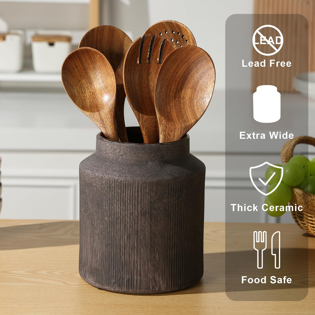 Farmhouse Ceramic Farmhouse Kitchen Utensil Holder for Countertop, Rustic Cooking Utensil Holder Crock Fit Counter.