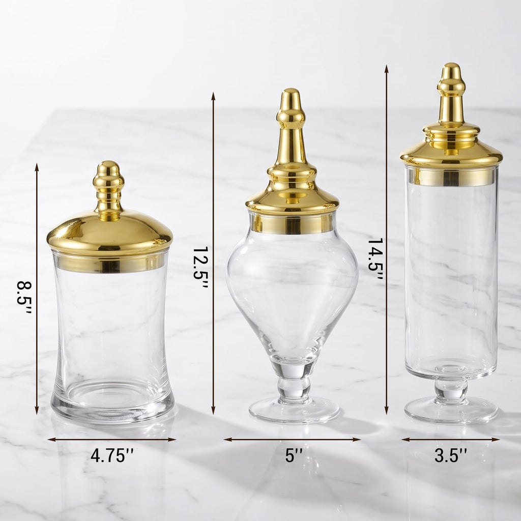 3 Piece Clear Glass Apothecary Jars with Metallic Brass Tone Lids