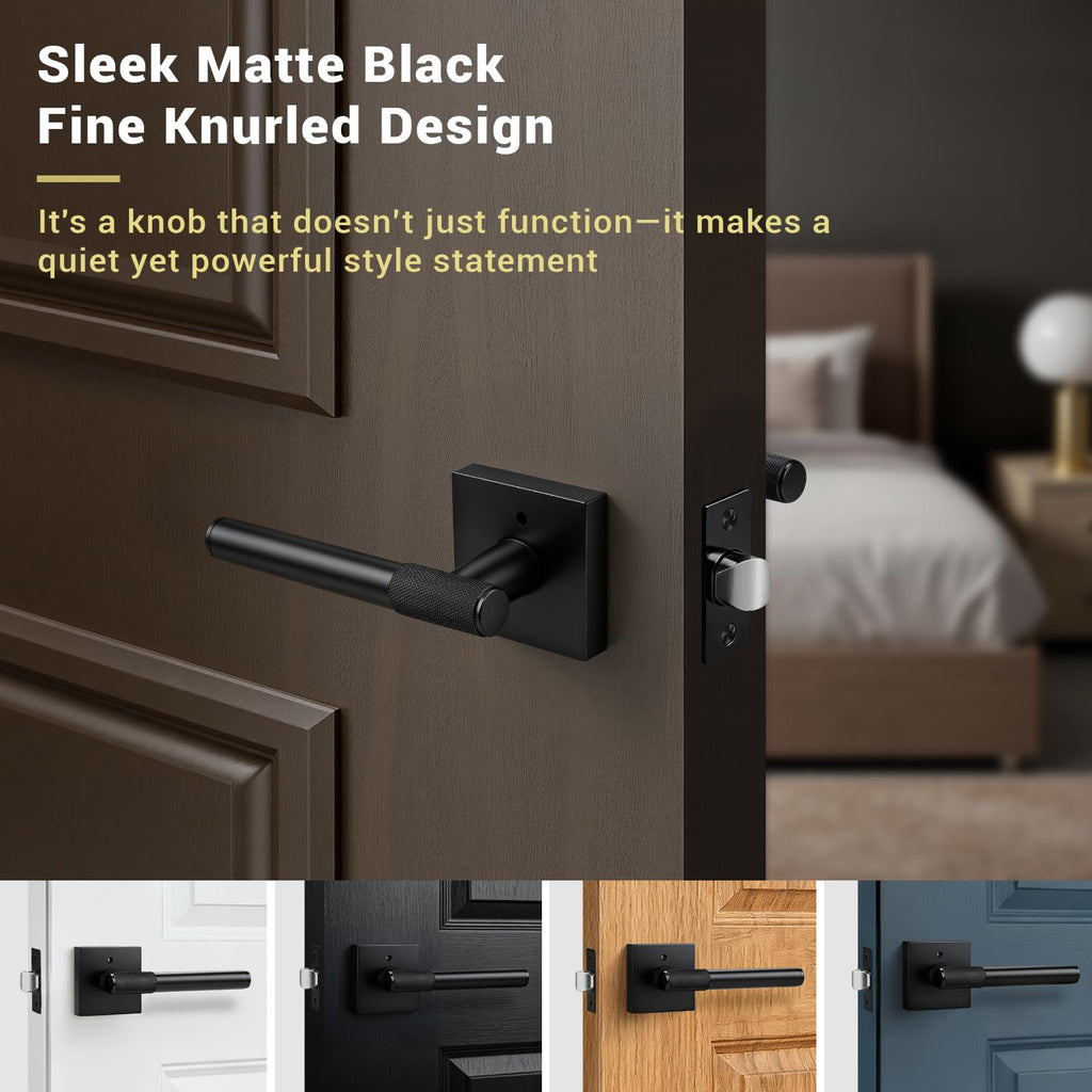 Door Handle Matte Black Finish, Modern Knurled Design Door Knob, Interior Privacy Lock for Left and Right Sided