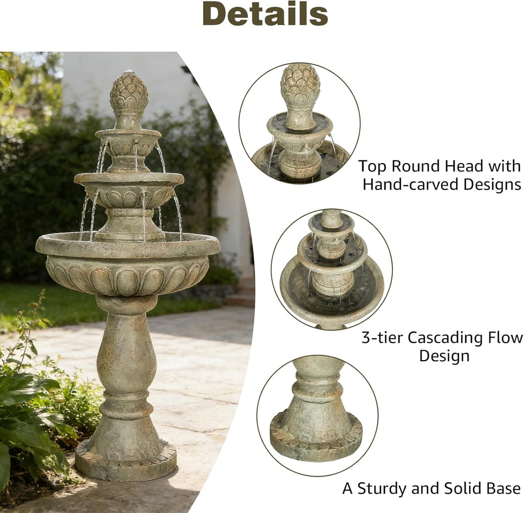 42.5" Water Fountain Outdoor - Large Waterfall Fountain Outside, 3-Tiers Cascading, Fiber Reinforced Concrete