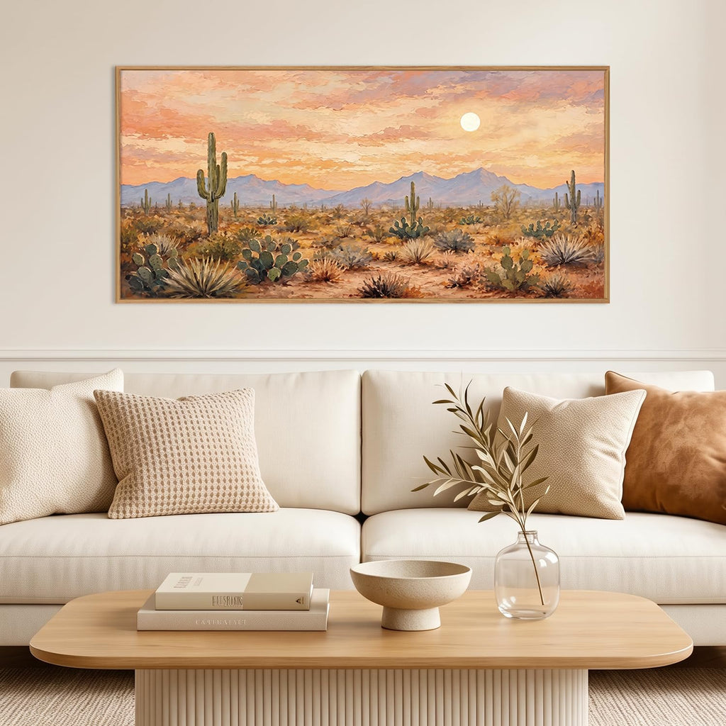 Large Desert Sunset Cactus Framed Canvas Wall Art Set, Vintage Southwestern Landscape Wall Decor, Boho Orange Mexican