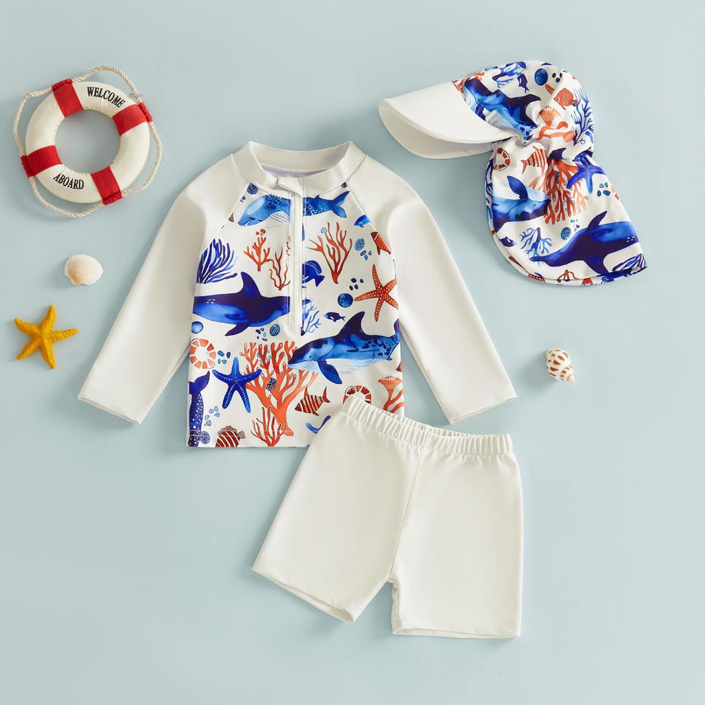 Toddlers Baby Boys' Piece Rashguard Swimsuits Sets Long Sleeve Dolphin Print Trunks Swimwear Bathing Suit with Hat