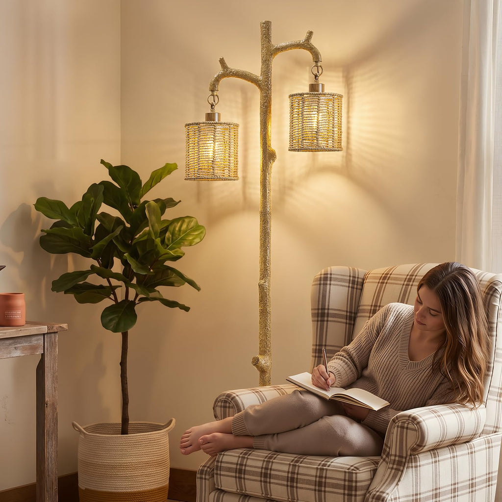 Floor Lamp - 69" Farmhouse Tree Trunk Standing Lamps - Country Resin Tall Lamp with 2 Rattan Lampshade - Rustic Floor