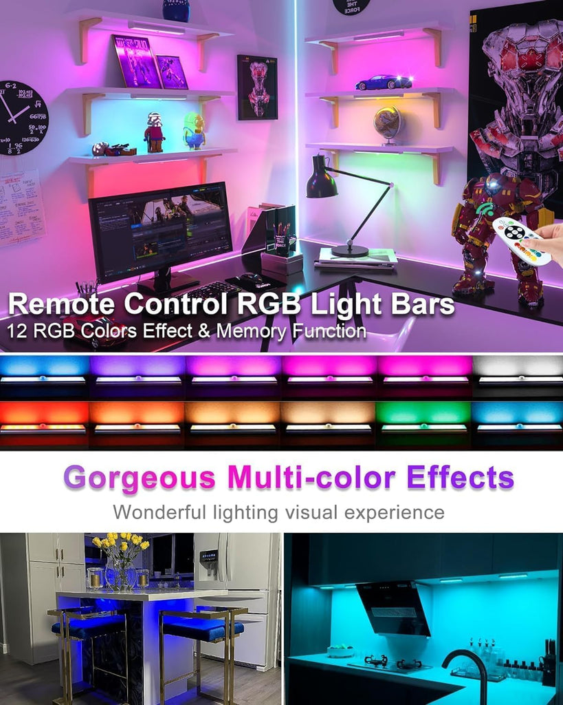 Under Cabinet Light Wireless with Remote, 15 Color RGB Magnetic Led Light Bar, 48-LED Rechargeable Closet Lights, 3