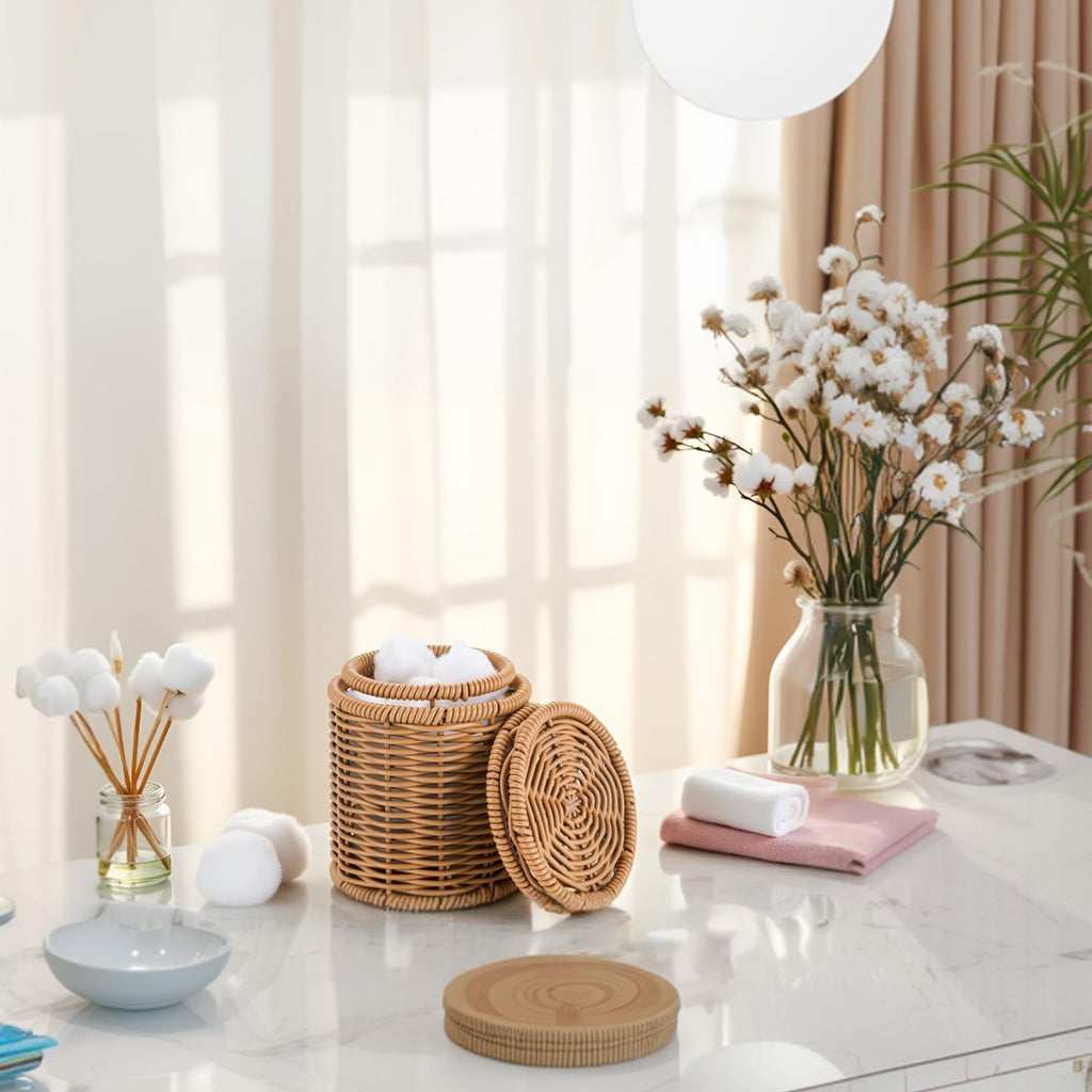 Rattan Q-tip Holder with Lid, Cotton Swab Canister