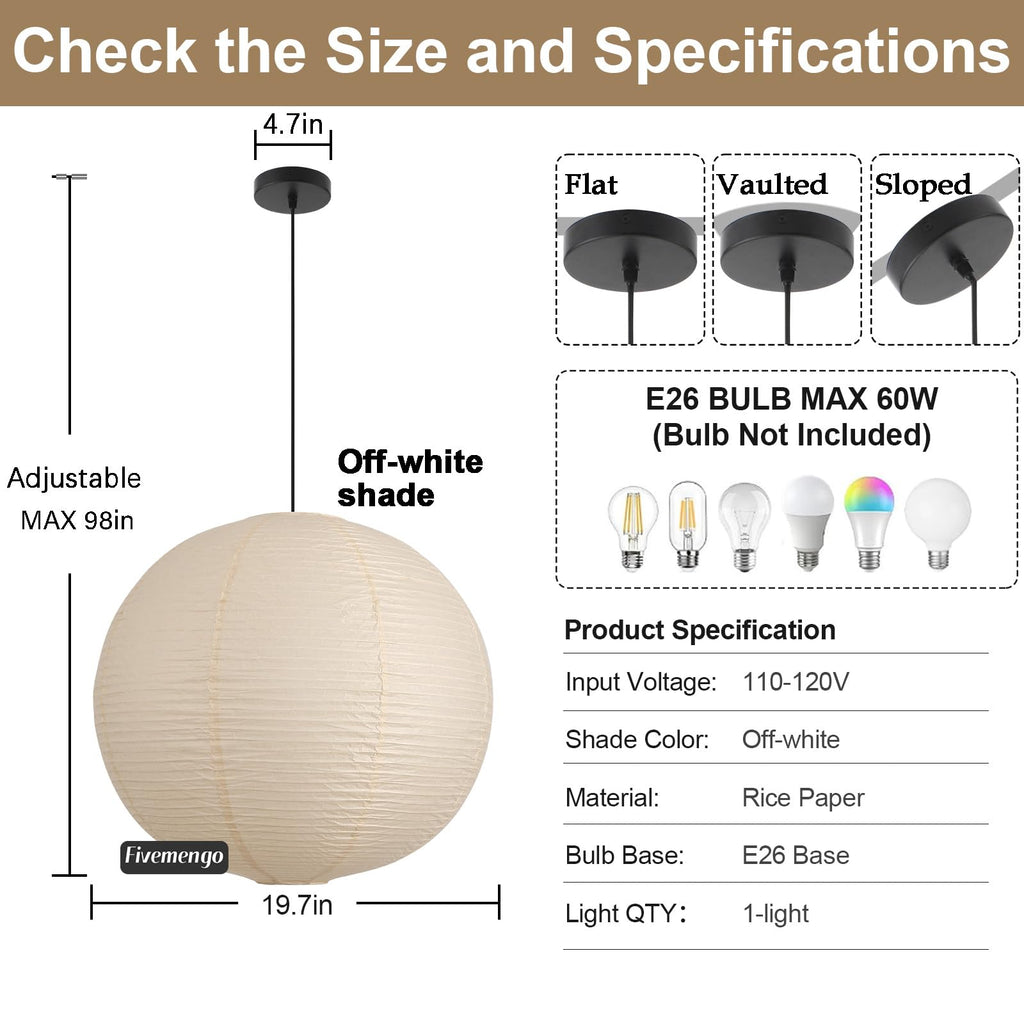 Large Paper Pendant Light with Cord and Canopy, 20in Off-White