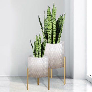 Plants Pots with Stand, Set of 2 Indoor Planter Pots, Unique Mid Century Decorative Metal Flower Pots with