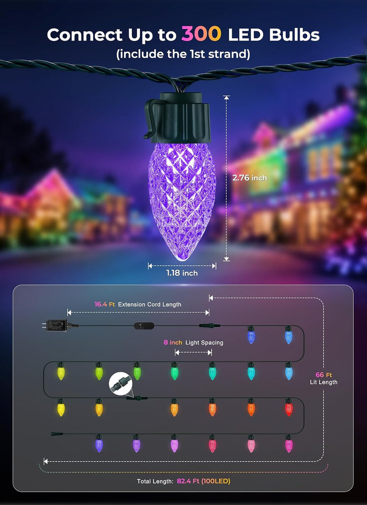 100LED Outdoor Christmas Lights, Smart APP & Remote, DIY, Music Sync, Timer