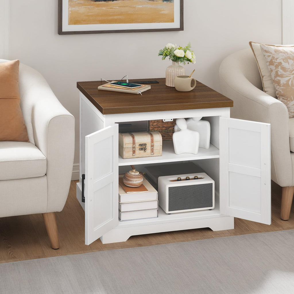 Farmhouse End Table with Charging Station, 24" Large Sofa Table with Barn Door, Rustic Square White Nightstand with