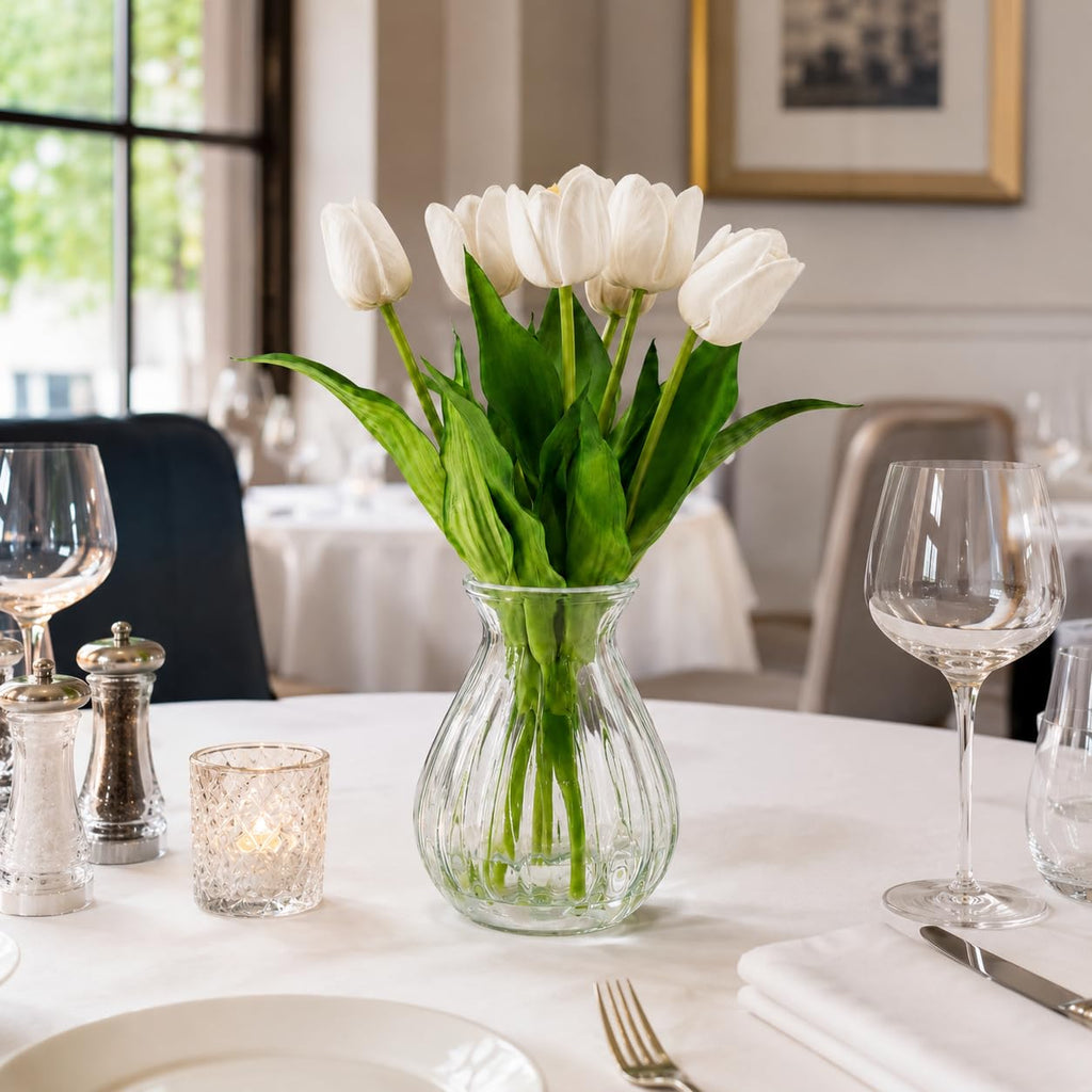 Artificial Tulips with Ribbed Glass Vase, White