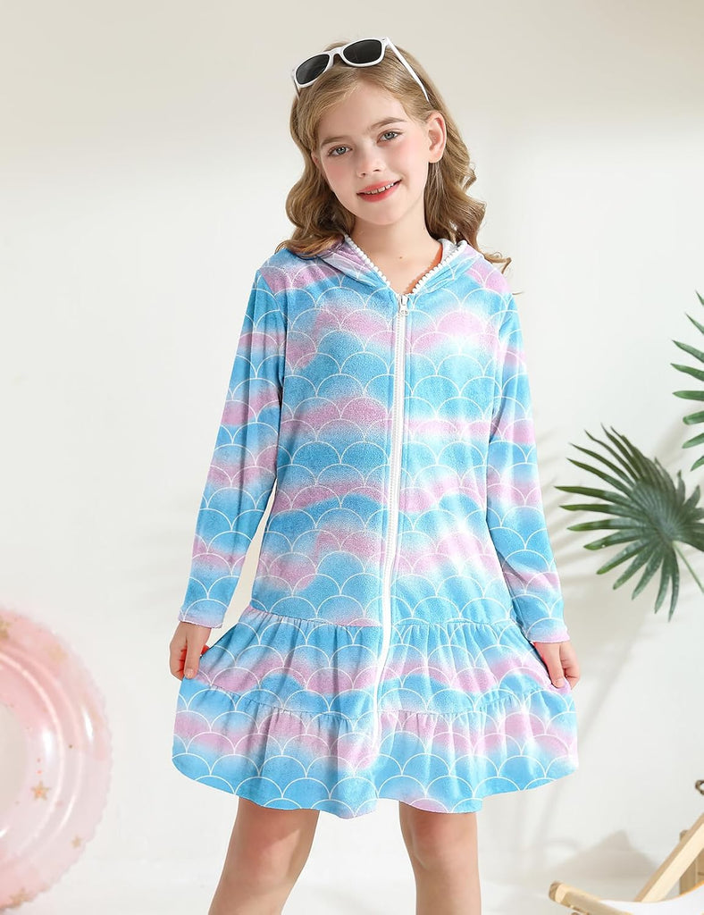 Girls Swim Cover Up Kids Long Sleeve Swimsuit Coverup Terry Beach Pool Clothes with Sunglasses