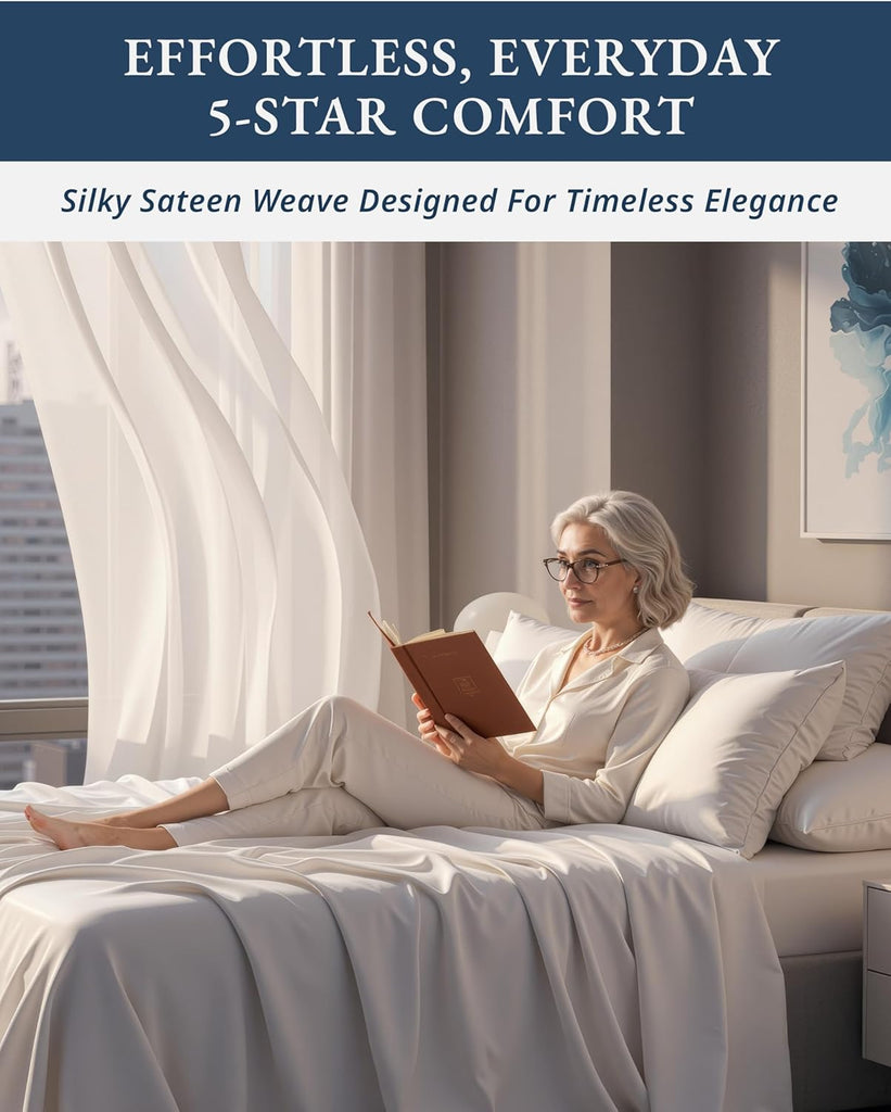 100% Egyptian Cotton Sheets Queen - Naturally Cooling & Breathable 4 Piece Silky Sateen Weave Queen Sheet Set