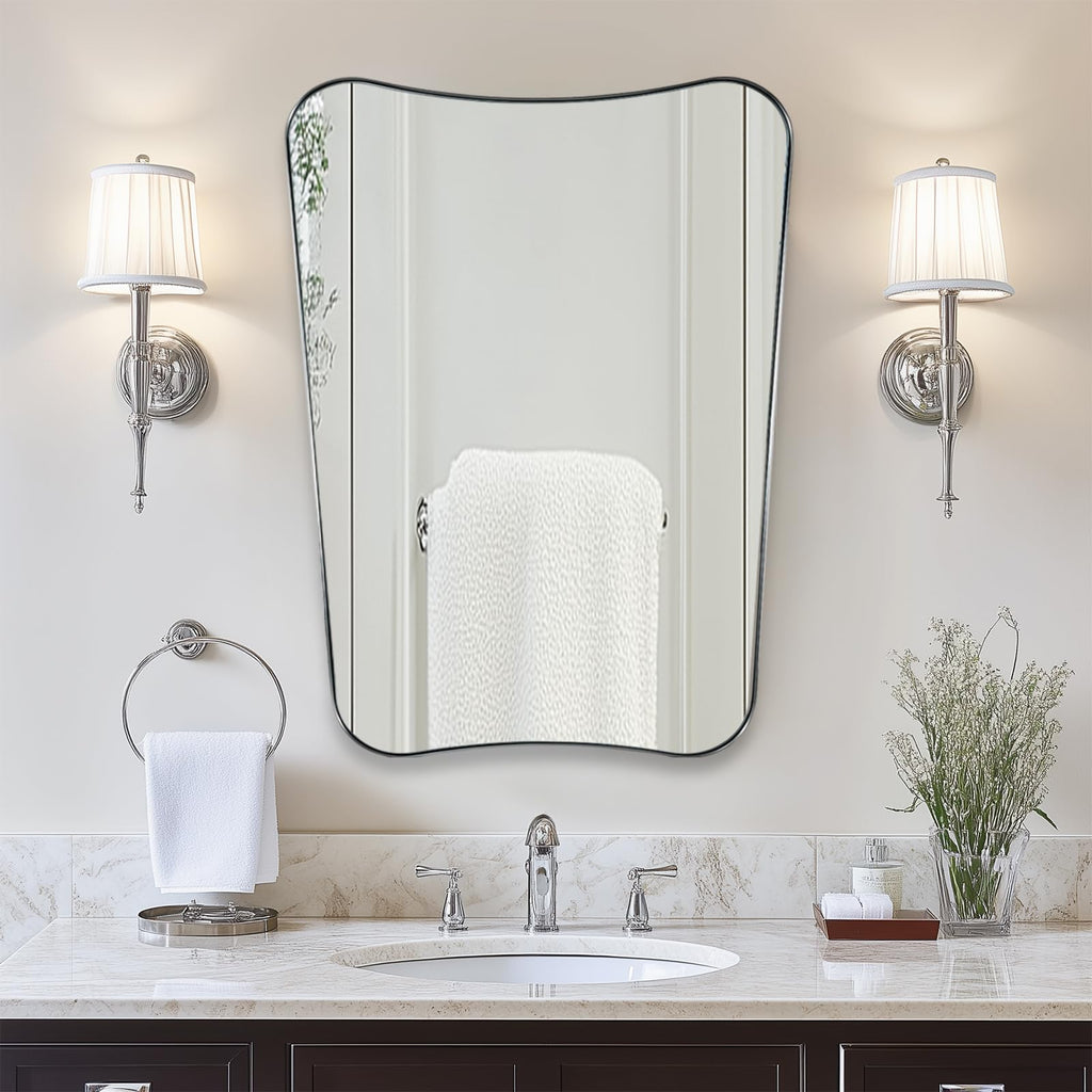 Brushed Nickel Asymmetrical Wall Mirror, 24x32 Inch Bathroom Vanity Mirror, Butterfly Shaped Designer Mirror Ideal