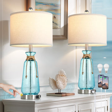 26" Coastal Lamps Set of 2, 3-Way Dimmable Bedside Lamps with USB Ports and AC Outlet, Nautical Lamps for Nightstand