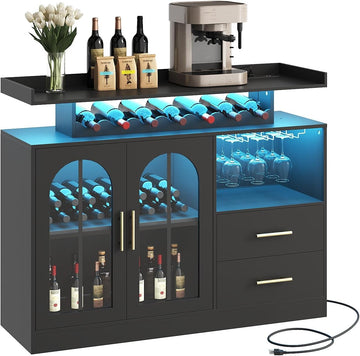 Wine Bar Cabinet with LED Lights & Charging, Modern Liquor Cabinets with 2 Ample Storage Drawers, Wine and Glass