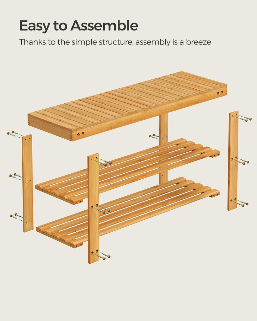 Shoe Rack Bench, 3-Tier Bamboo Entryway Bench, 35.2 Inches Width