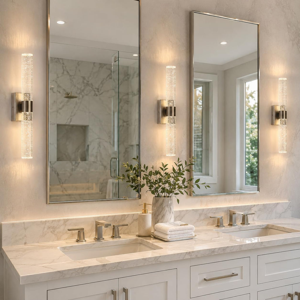 Modern Wall Sconces Set of Two, 3CCT Crystal Bathroom Sconces Wall Light, Brushed Nickel Vanity Light Fixture, Sconce
