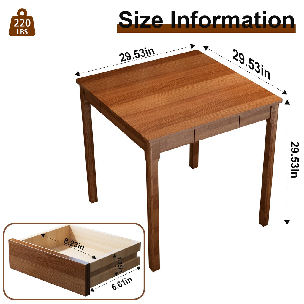 Solid Wooden Desk with Drawers - 29.5" Square Dining Table for 2-4 People, Rubberwood Mid Century Modern Desks, Small