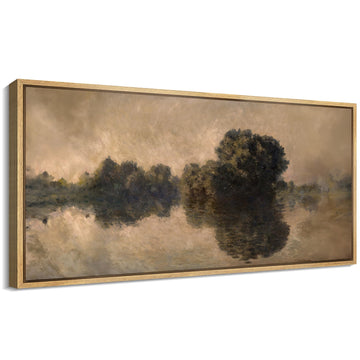 Extra Large Framed Canvas Print Wall Art Neutral Vintage River Reflection Monet Style Wide Antique Retro Ready to