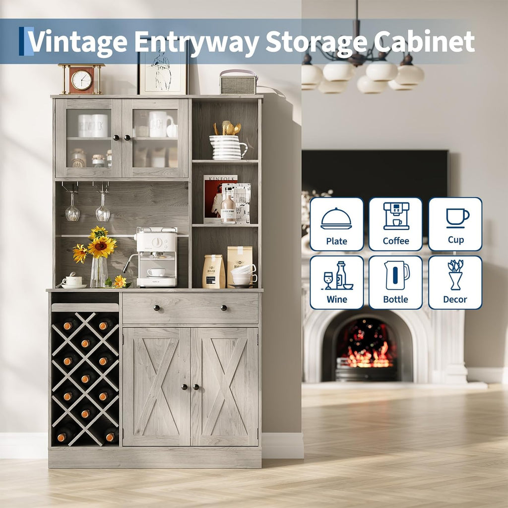 Contemporary Upright Storage Cabinet with Wine Bottle Rack | Built-in Outlet Spacious Shelves Multi-Functional