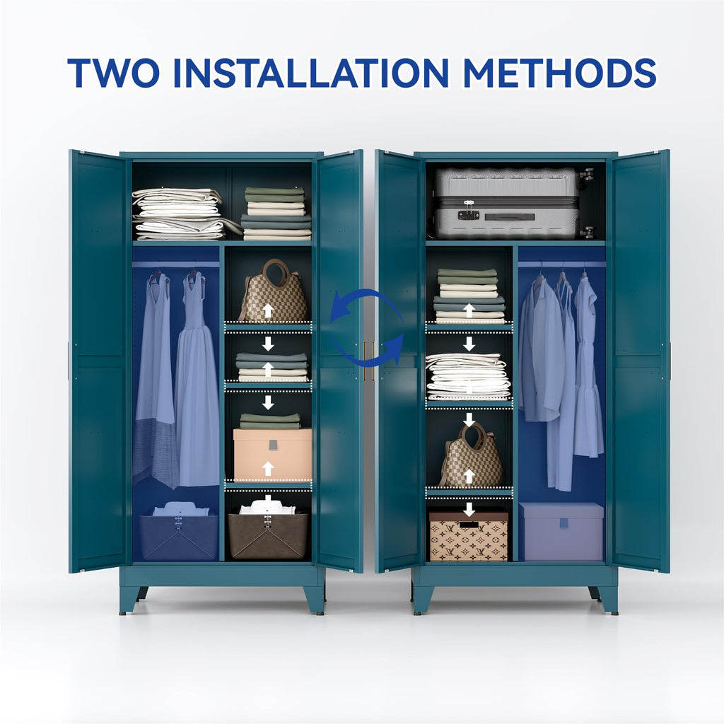 71'' Tall Wardrobe Closet with Doors, Metal Bedroom Armoire with Adjustable Hanging Rod and Shelves, Farmhouse Broom