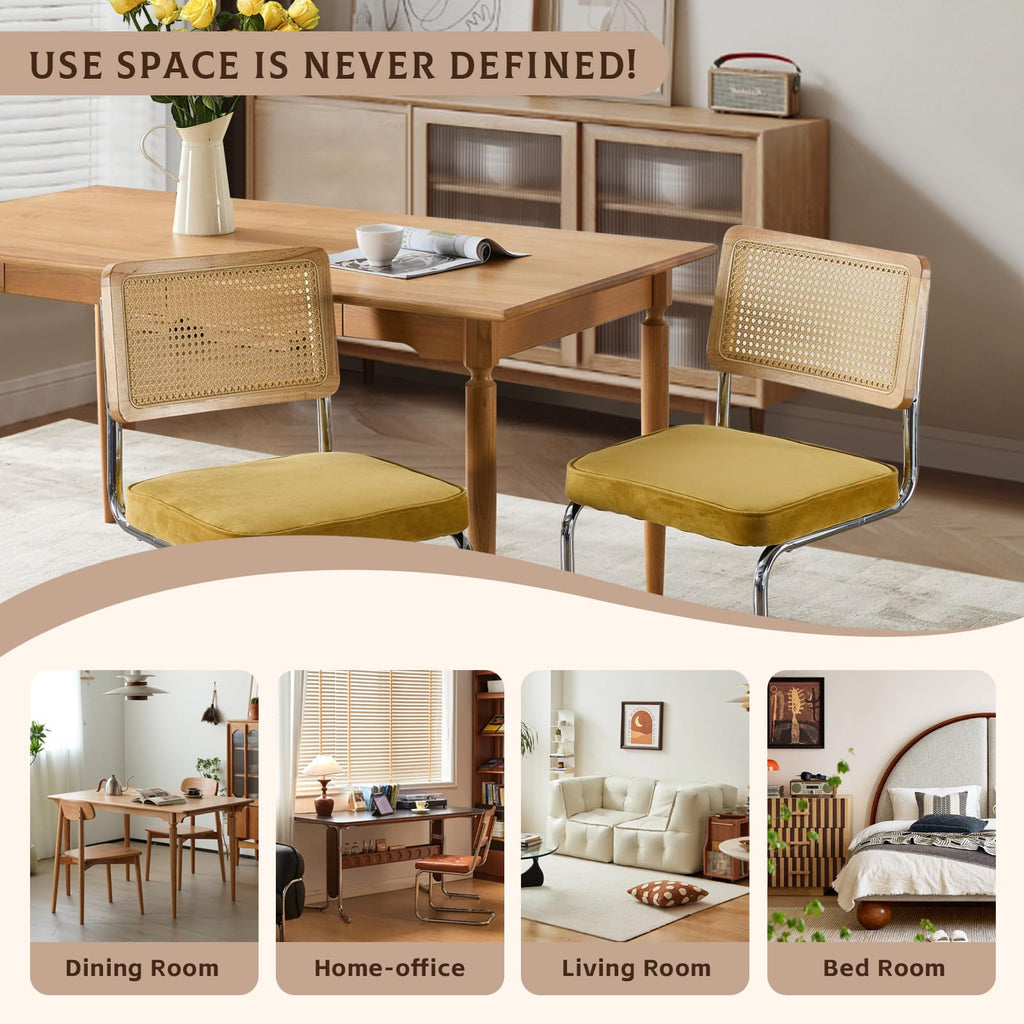 Rattan Dining Chairs Set of 4, Upholstered Mid-Century Modern Dining Room Chairs with Cane Backrest, Retro Velvet