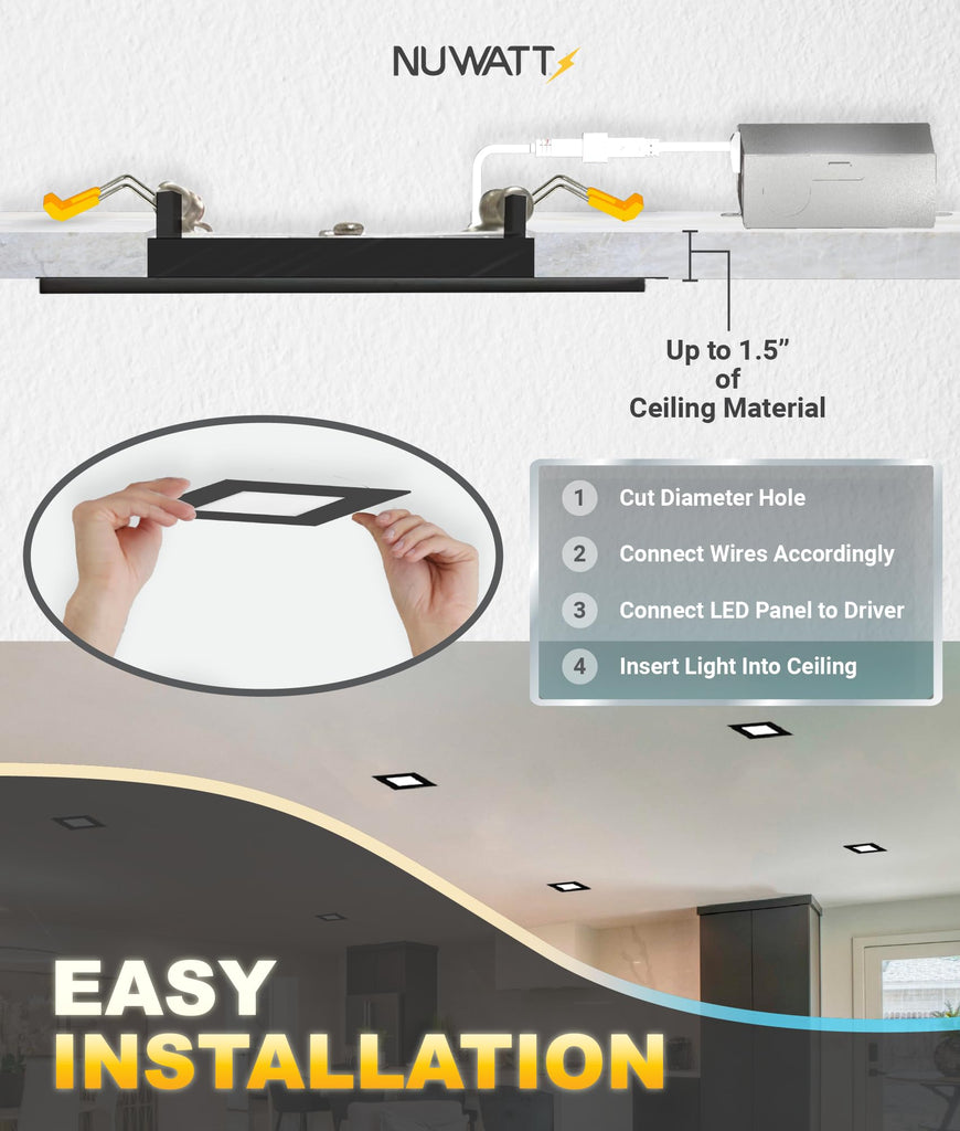 Black 4 Inch Square LED Recessed Lighting 2700K-5000K, ETL, 6 Pack