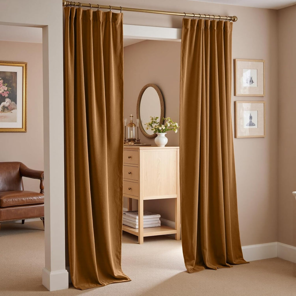 Gold Brown Blackout Velvet Curtains 84 Inch Long Thermal Insulated Room Darkening Curtain Drapes Luxury Back Tab
