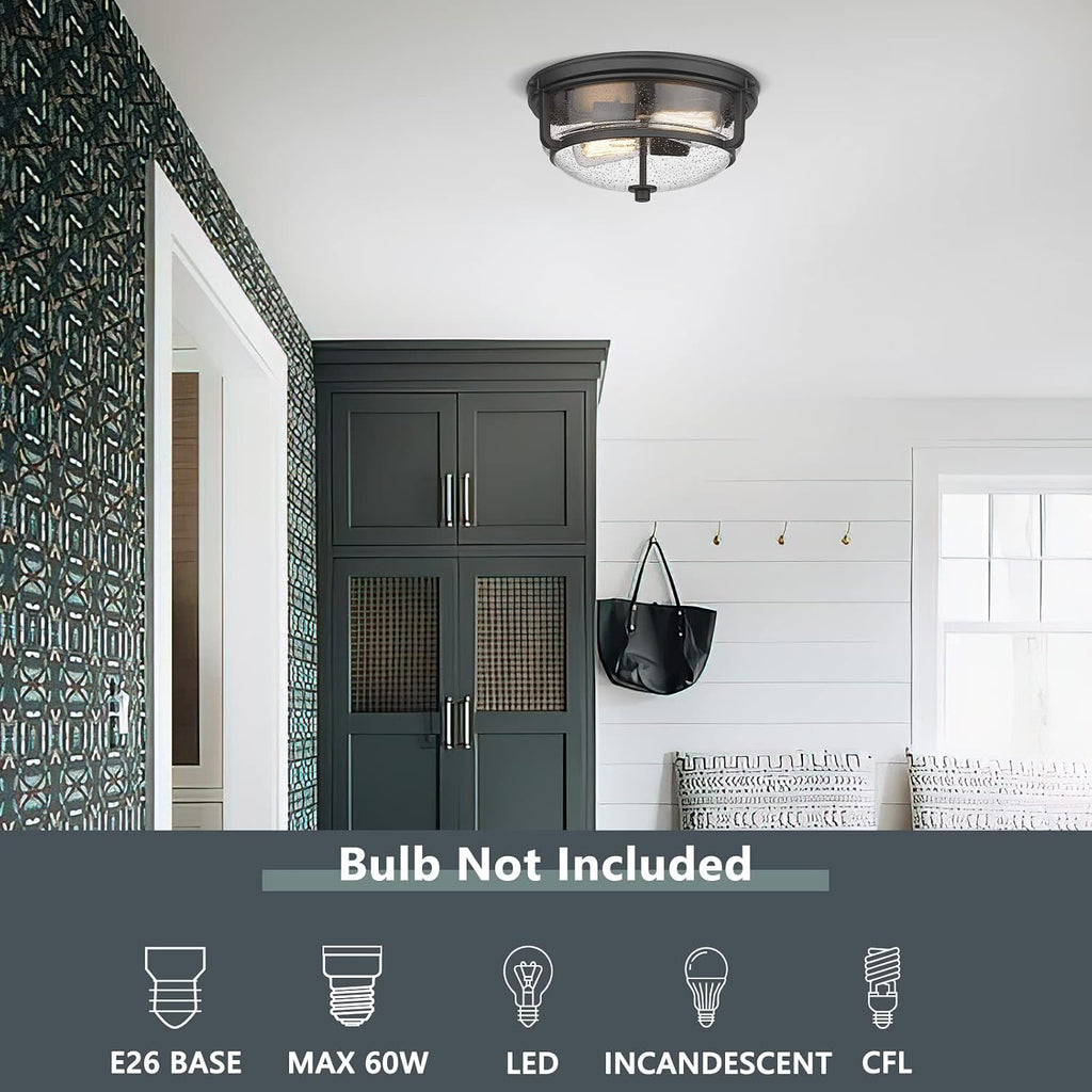 12 Inch Ceiling Light with Seeded Glass Shade - Indoor Outdoor Modern Flush Mount Ceiling Light Fixture, Black Finish