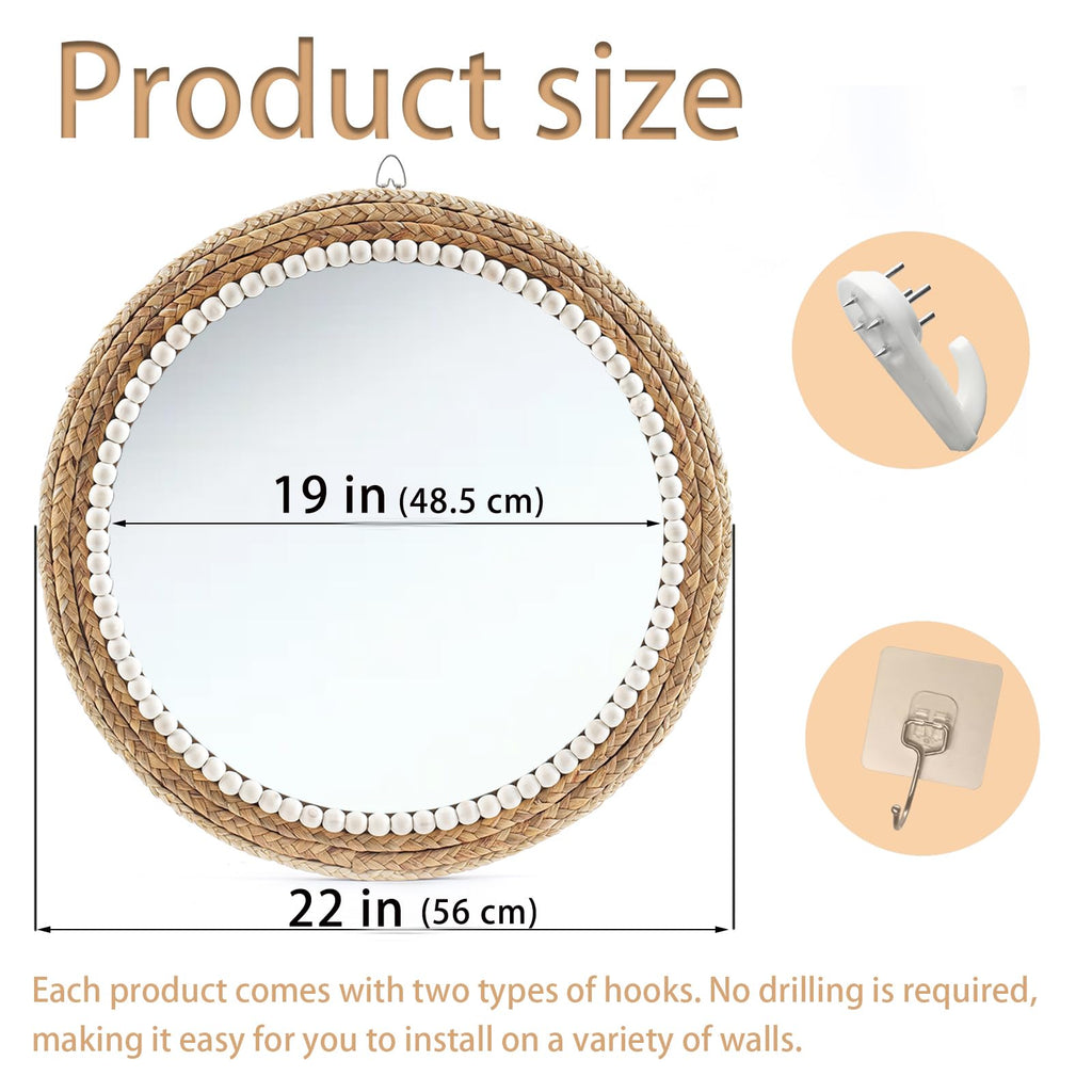 22 Inch Boho Style Decorative Mirror, Round Rattan Wall Hanging Mirror, Nature Rattan Woven Round Mirror, Makeup
