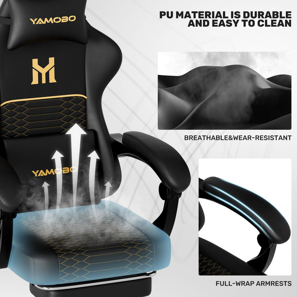 Gaming Chair with Footrest, Ergonomic Video Game Chair with Adjustable Lumbar and Headrest Massage Support, PU Leather