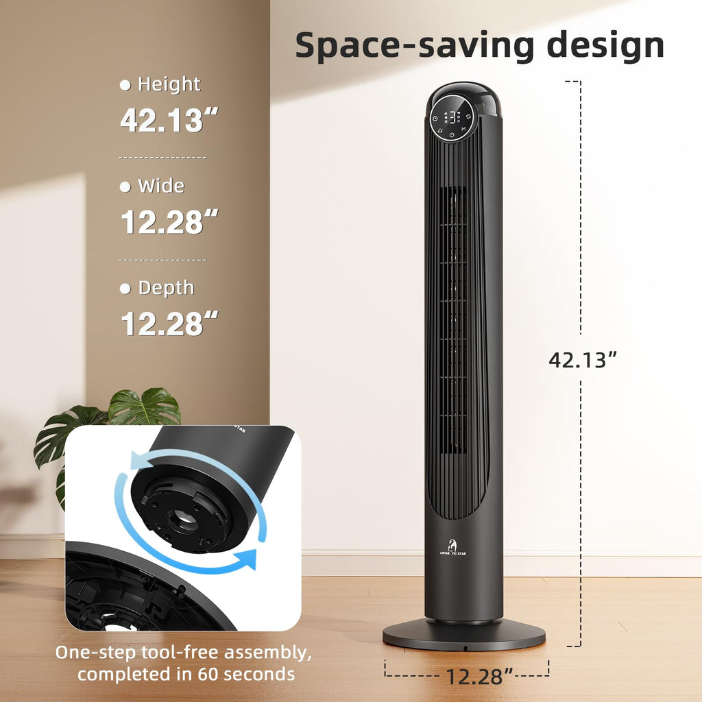 T42 Tower Fan, 42 Inch DC Brushless Motor Bladeless Oscillating Fan with Remote, 6 Speeds & 4 Modes,LED Display, 9H