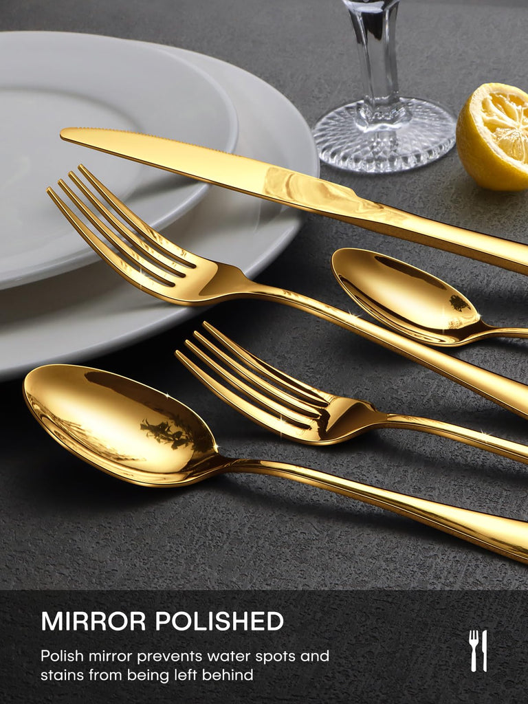 Gold Silverware Set, 30 Piece Flatware Set for 6, Mirror Polished Food-Grade Stainless Steel Cutlery Utensil Set