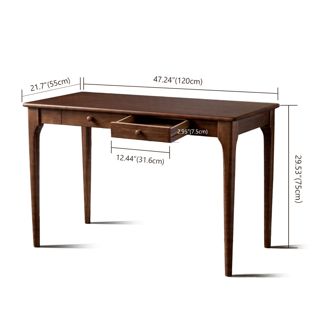 47" Walnut Solid Wood Desk with Drawers, Mid Century Modern Natural Real Wood Writing Desk, Home Bedroom Small Spaces