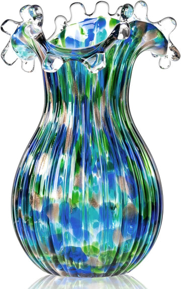 Hand Blown Glass Vase for Flowers, 9 Inch Blue Green Flower Vase