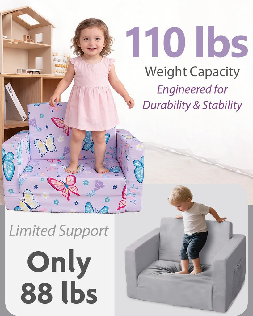Toddler Couch, in-1 Foldable Kids Comfy Chair & Lounger, Purple Butterfly