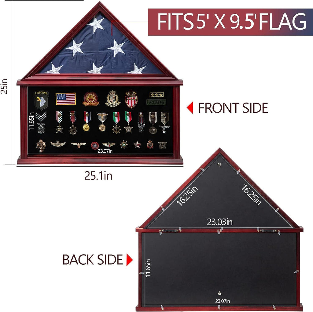 Large Military Shadow Box with Flag Display Case, Mahogany