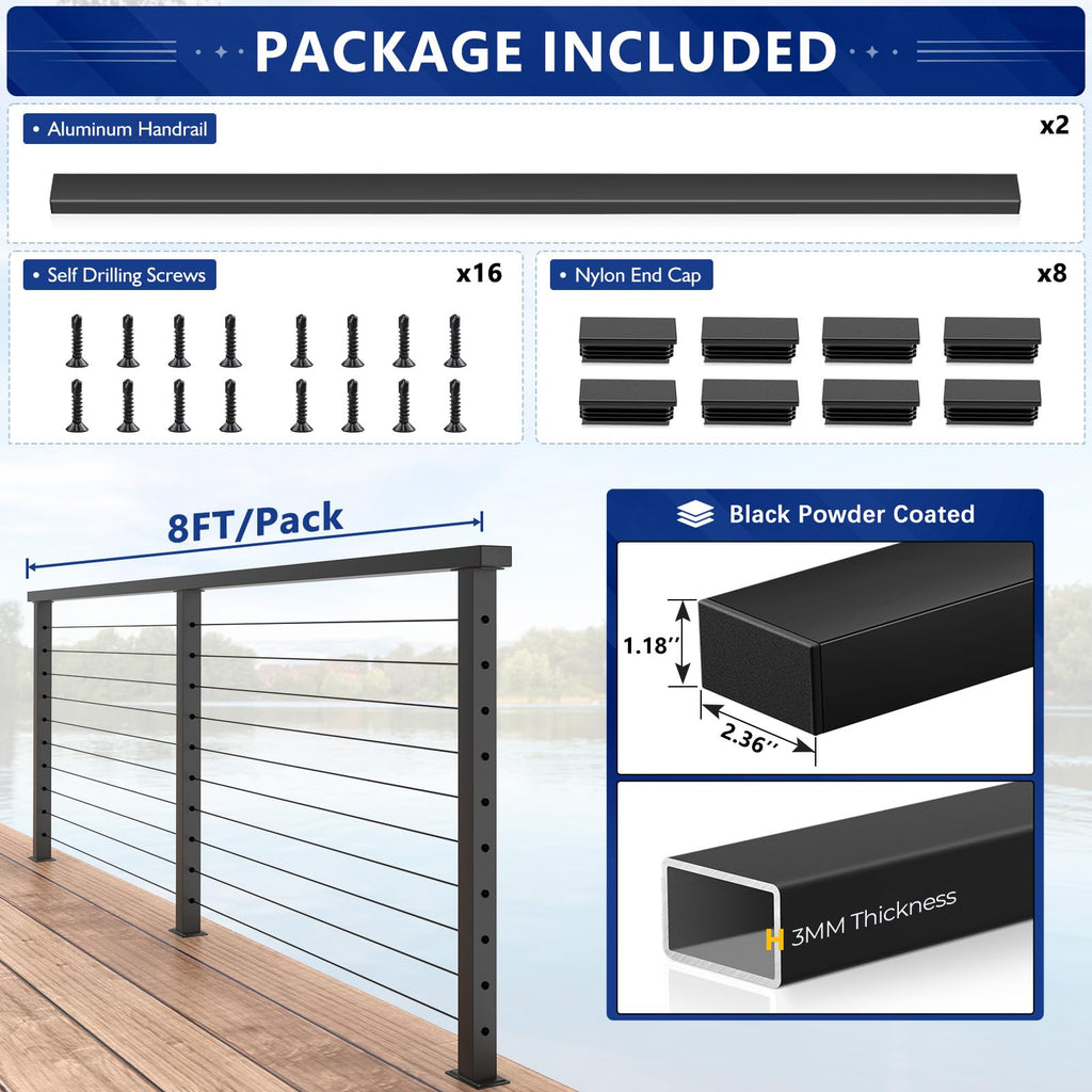 8FT Aluminum Black Handrail for Lake House Deck Railing, Easy DIY