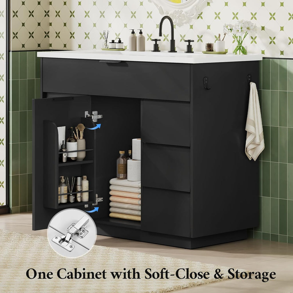 37" Fluted Bathroom Vanity with Sink Combo Set, Freestanding Bathroom Cabinet with 5 Drawers Space