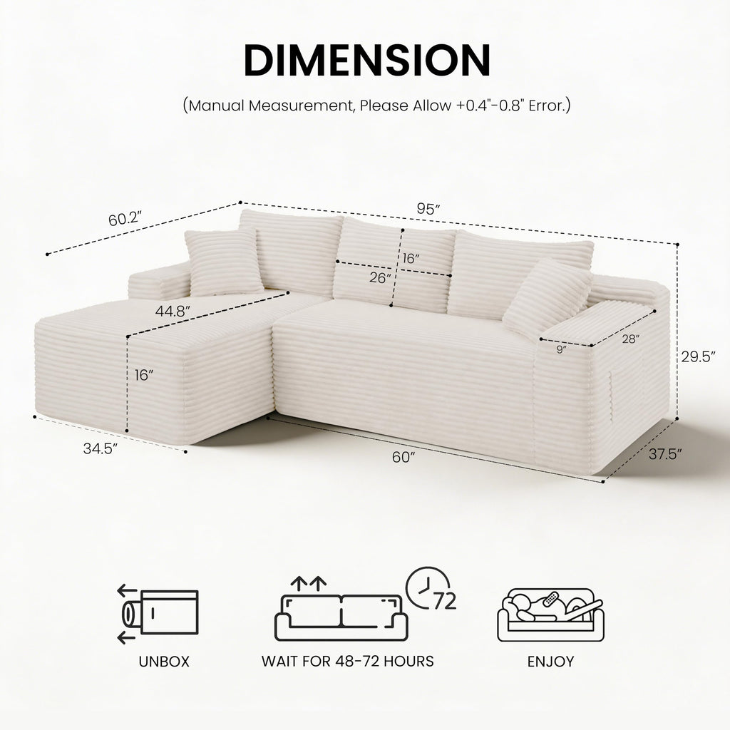 95" Modular Sectional Sofa, Boneless Chaise L-Shaped Couch