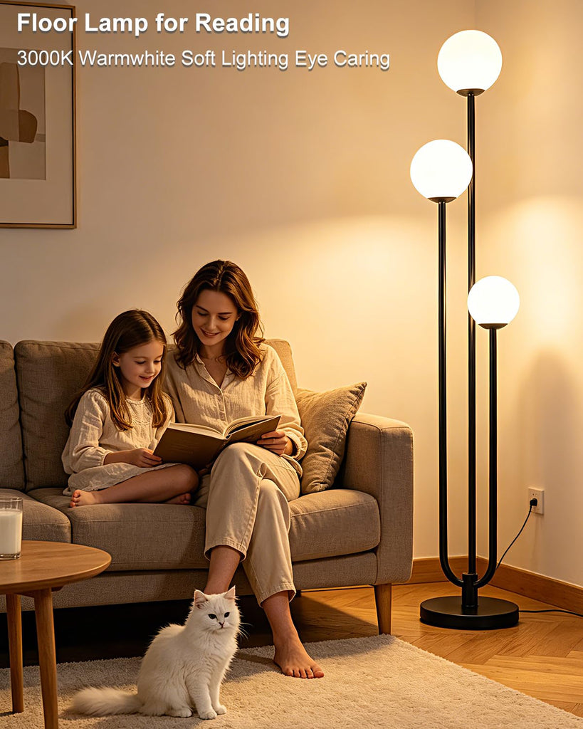 63IN Black Floor Lamp Dimmable with Mid Century Standing Lamps, 3000K Warm White Bulbs Included, Modern Globe Floor