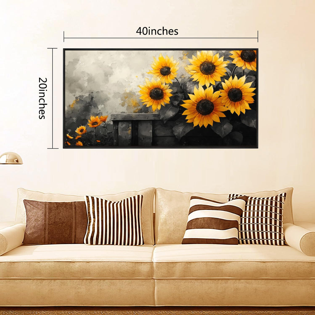 Sunflower Wall Art Canvas Painting, 20 x 40 inches, Black and Yellow Flower Canvas Prints Rustic Farmhouse Sunflower