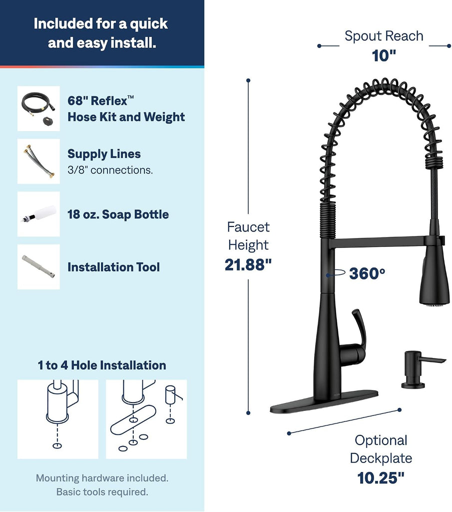 Essie Matte Black One-Handle High Arc Pre-Rinse Spring Pulldown Kitchen Faucet with Power Clean, 87814BL