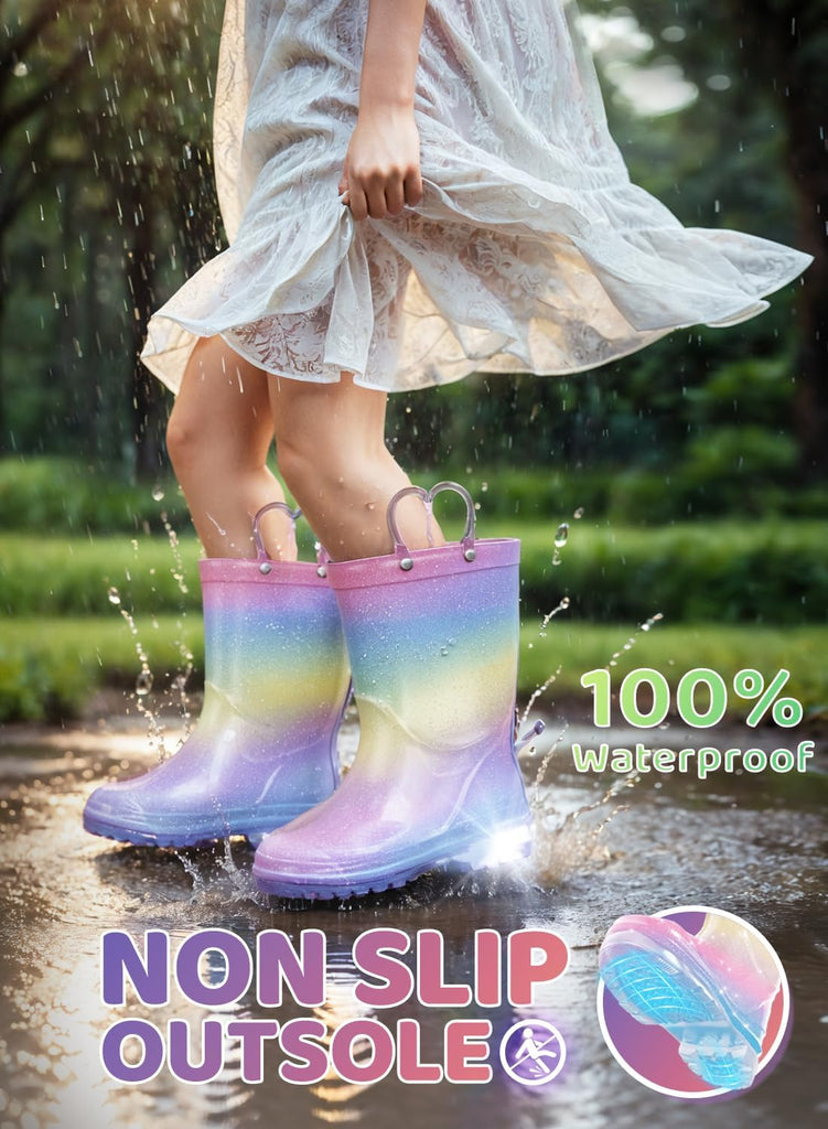 Toddler Rain Boots Girls Rain Boots - Glitter Light Up Kids Rain Boots with Easy-On Handles Lightwight Waterproof