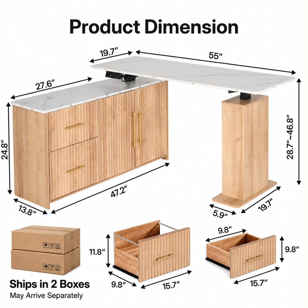 55" L-Shaped Electric Standing Desk with Drawers & Cabinet