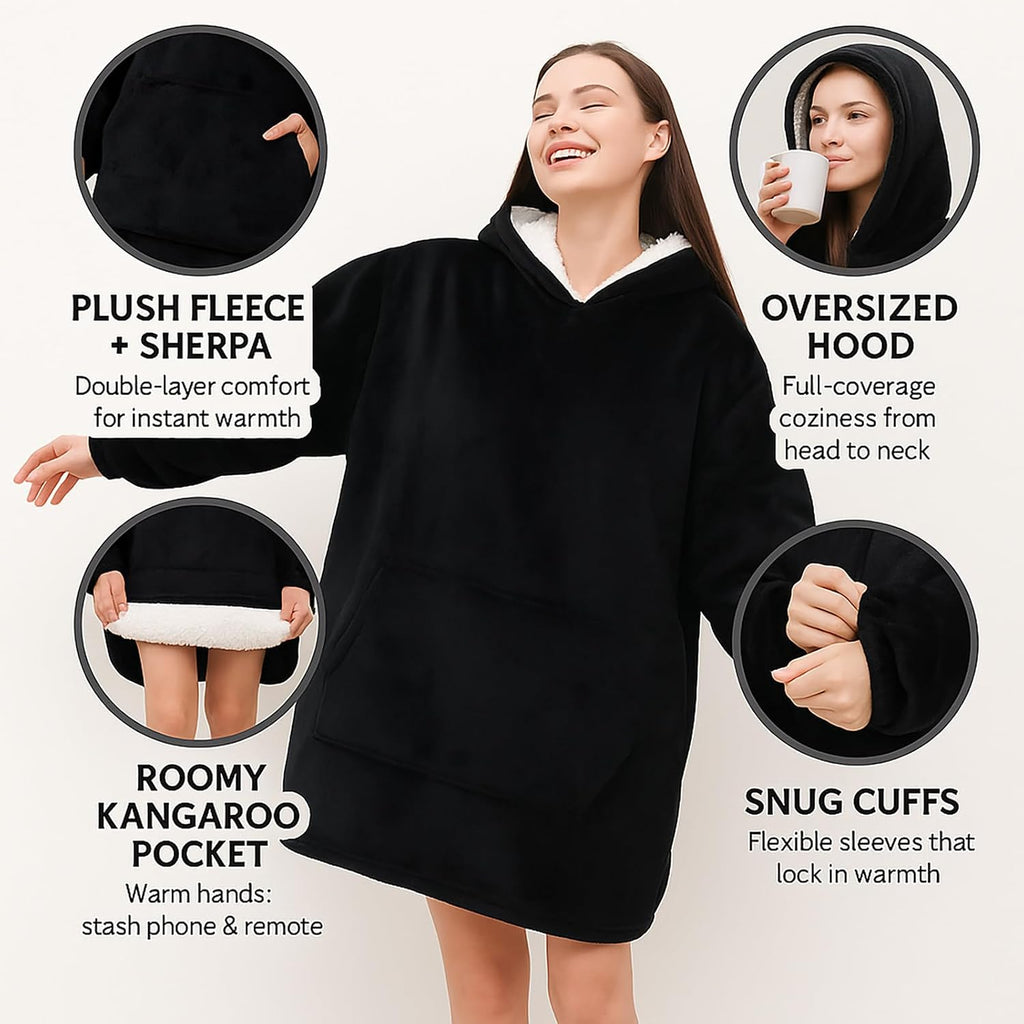 Wearable Blanket Hoodie, Oversized Sherpa Fleece Sweatshirt Blanket with Giant Hood Pocket and Sleeves for Adult