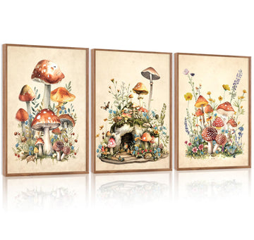Vintage Mushroom Framed Canvas Wall Art Set Of 3, Magic Mushrooms Wall Decor, Nature Botanical Floral Painting